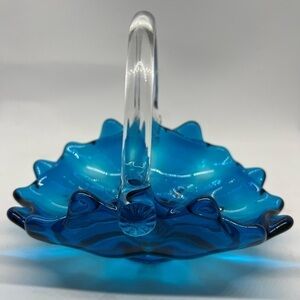 Vintage MCM Viking Blue Glass Basket with Clear handle